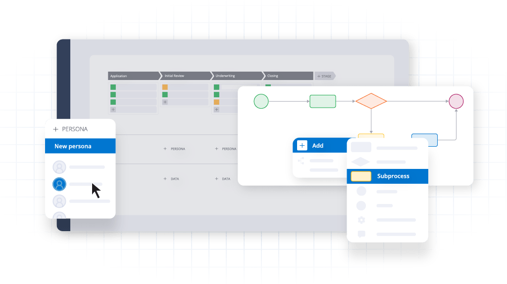 Stylized illustration of application windows overlayed on each other